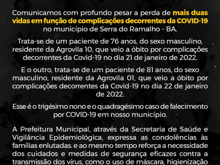 Mais duas mortes em decorrência de COVID-19 em Serra do Ramalho-BA