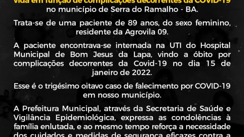 38º Óbito em decorrência de COVID-19 em Serra do Ramalho-BA