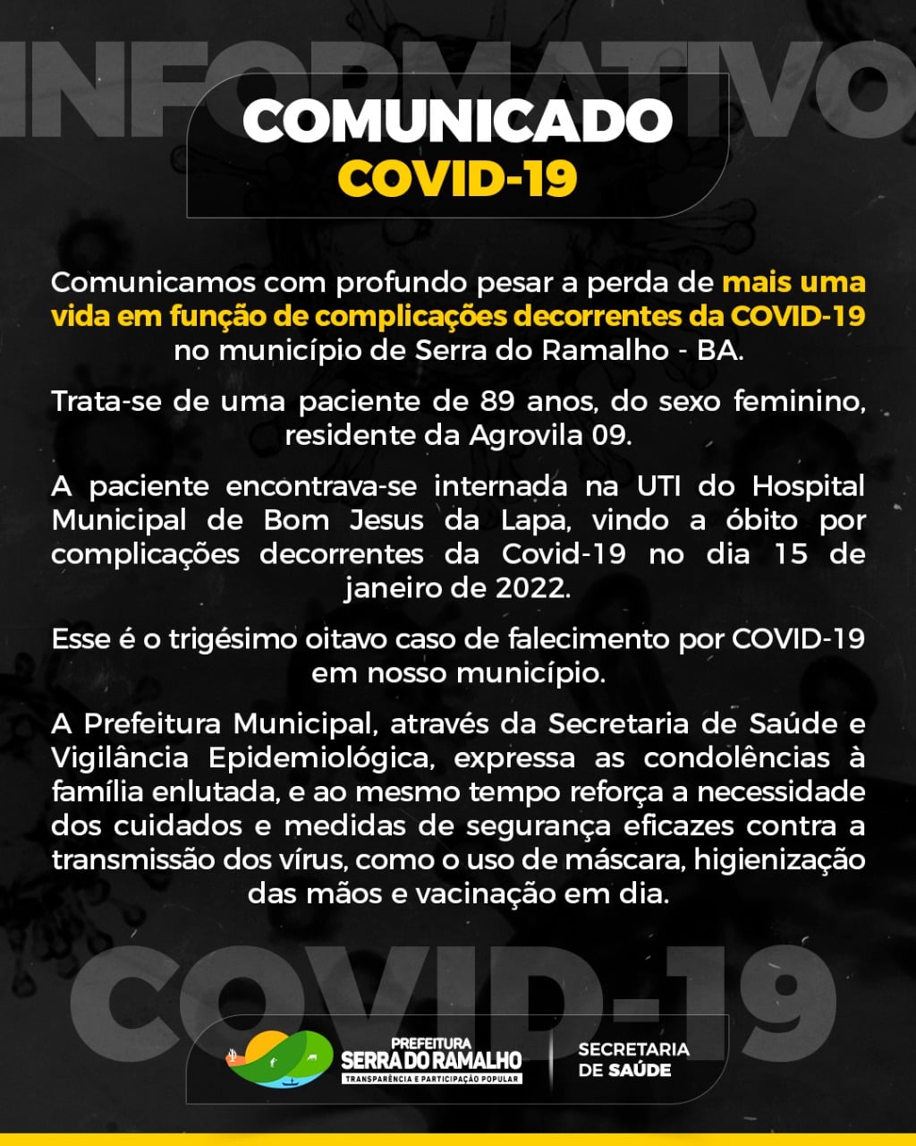 38º Óbito em decorrência de COVID-19 em Serra do Ramalho-BA